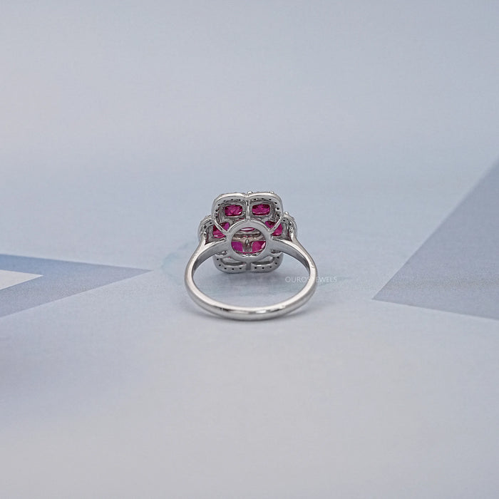 Ruby Cushion Cut Gemstone Flower Halo Engagement Ring