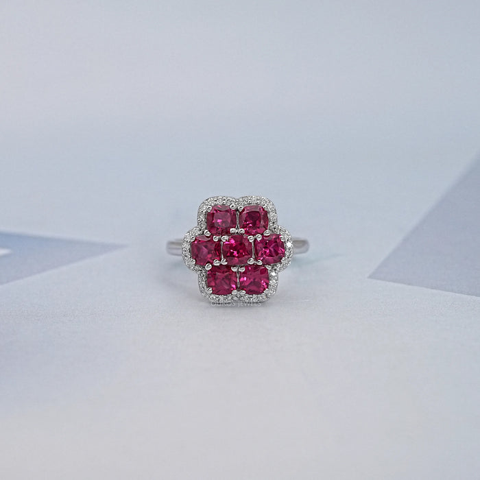 Ruby Cushion Cut Gemstone Flower Halo Engagement Ring