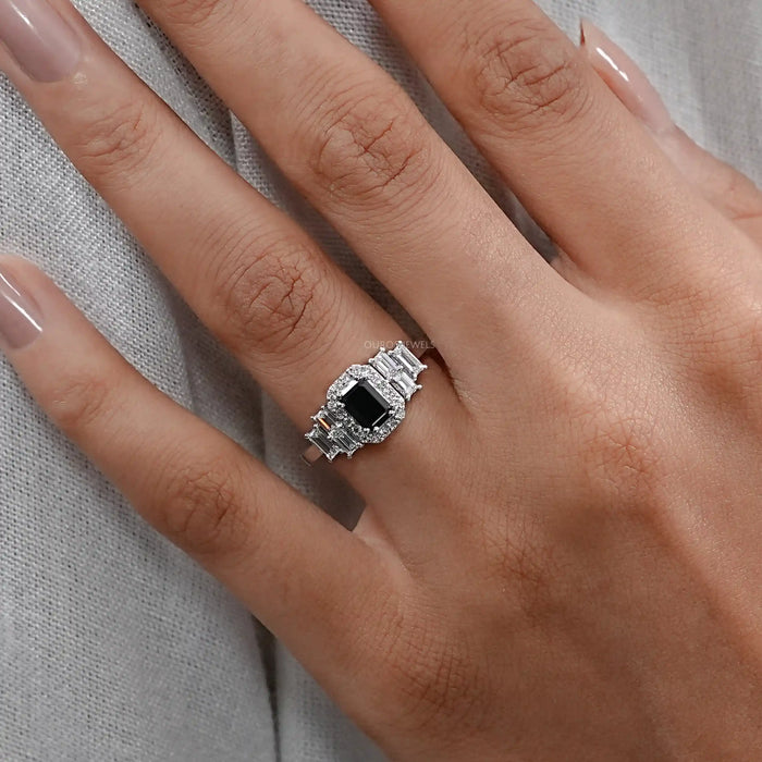 Black Emerald Cut Accent Diamond Engagement Ring