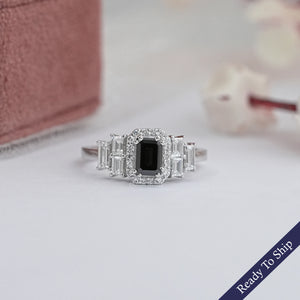 Black Emerald Cut Accent Diamond Engagement Ring