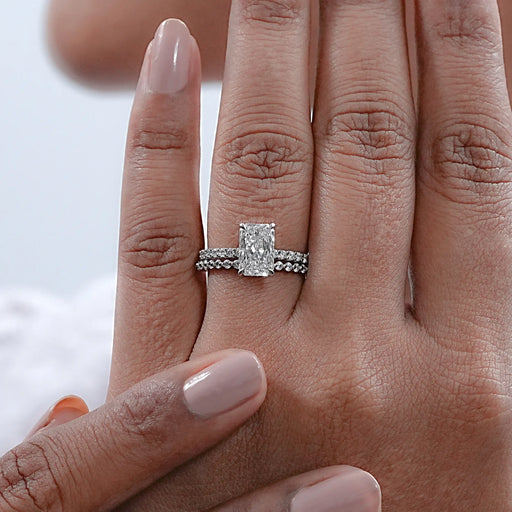 Radiant Cut Hidden Halo Engagement Ring with Wedding Band