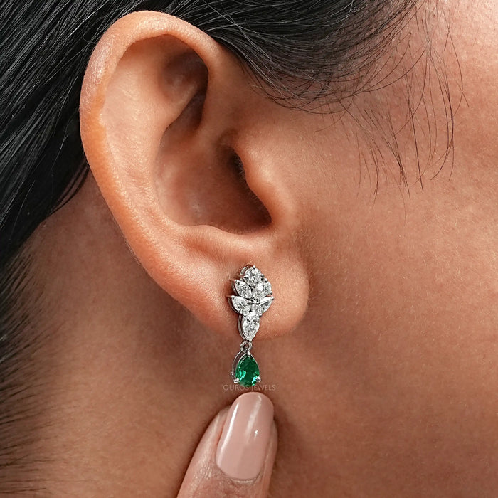 Emerald  With Diamond  Cluster  Pear Drop Earrings