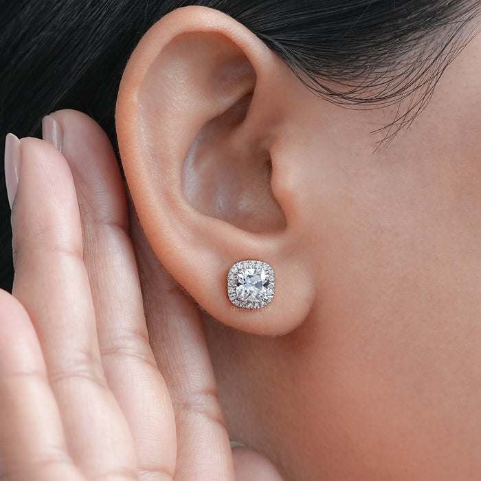 Square Cushion Diamond Halo Stud Earrings