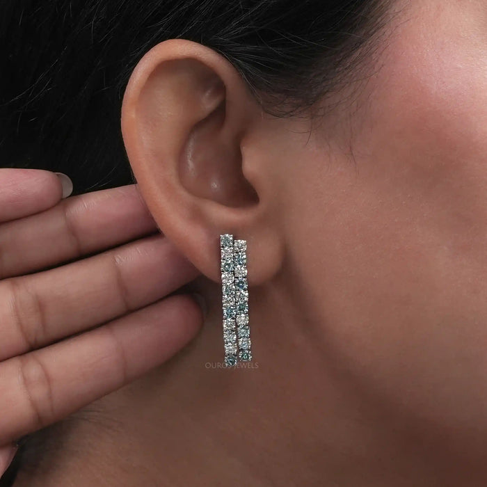 Blue Round Cut Lab Diamond  Double  Row Earrings