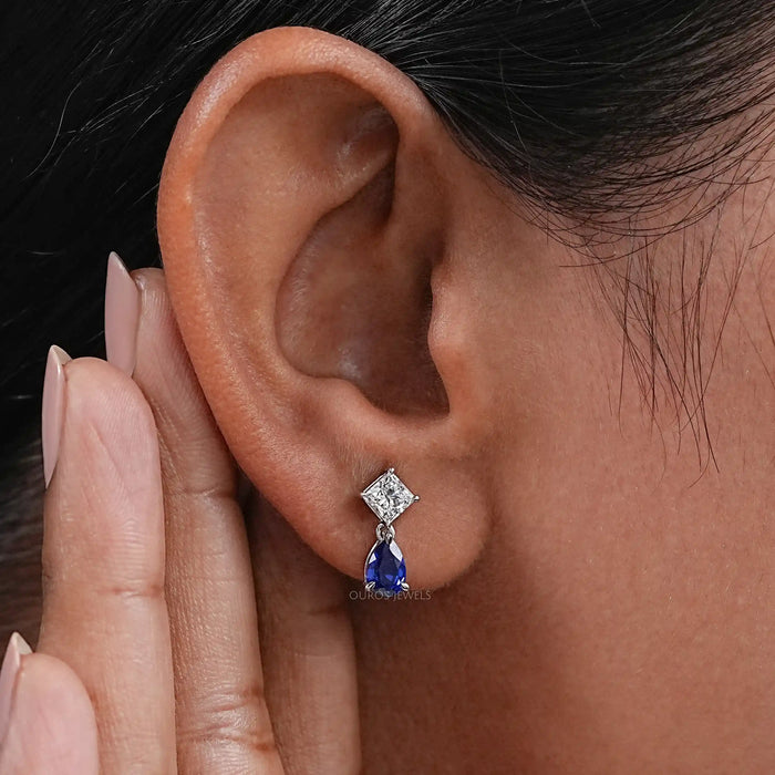 Pear Sapphire And Princess Diamond Two Stone Earring