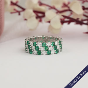 Three Row Emerald Gem And Diamond Wedding  Band