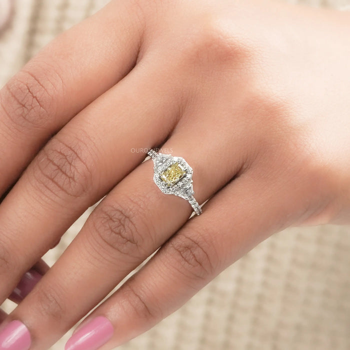 Yellow Radiant Cut Halo Three Stone Engagement Ring