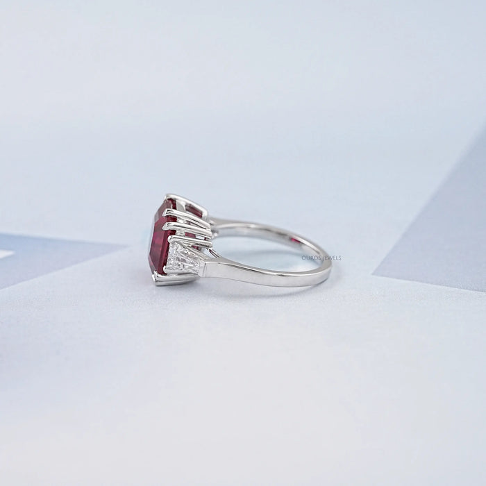 Asscher Cut Ruby Gemstone Tri Stone Ring