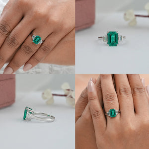 Green Emerald Cut With Trapezoid Diamond Ring