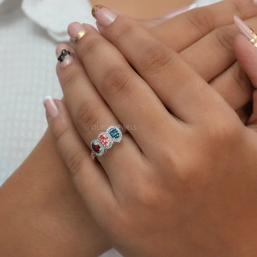 [A Women wearing Tri Color Lab Diamond Engagement Ring]-[Ouros Jewels]