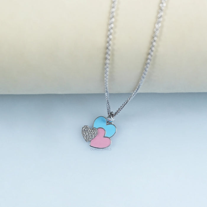 Colorful Triple Heart Tiny Round Diamond Pendant For Kids