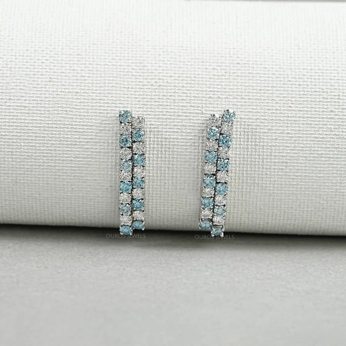 Blue Round Cut Lab Diamond  Double  Row Earrings