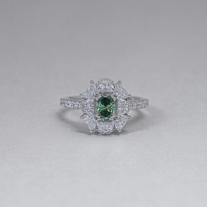 Oval Cut Green Half Moon Halo Engagement Ring