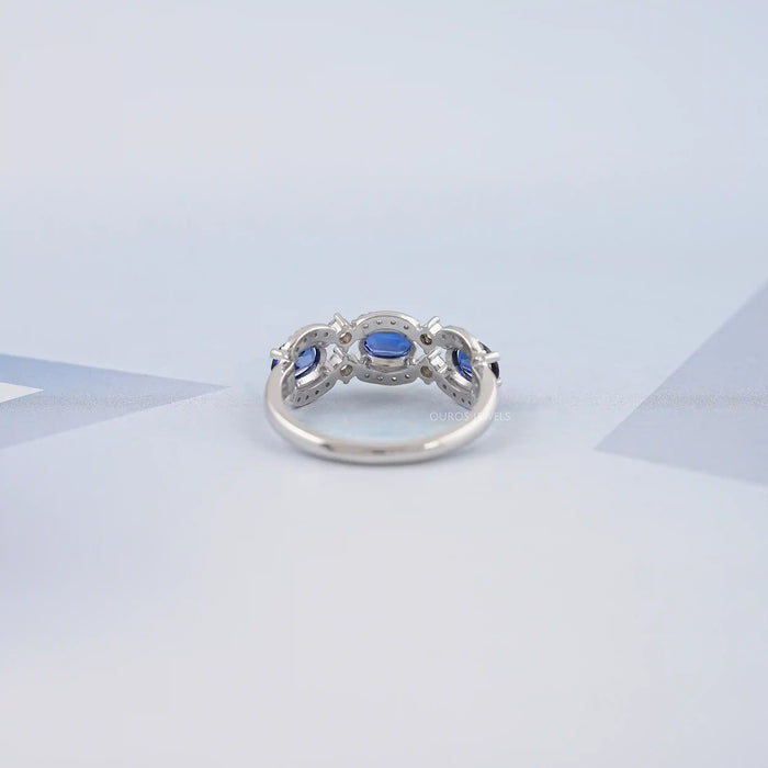 Oval Sapphire Halo Three Stone Engagement Ring