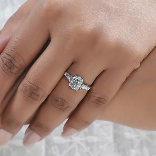 Three Stone Old Mine Cushion Cut Diamond Engagement Ring