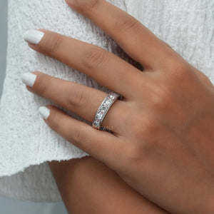 [A Women wearing Half Eternit Milgrain Wedding Band]-[Ouros Jewels]