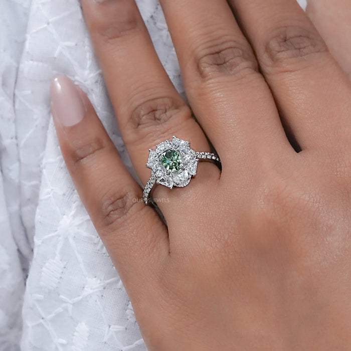 Oval Cut Green Half Moon Halo Engagement Ring