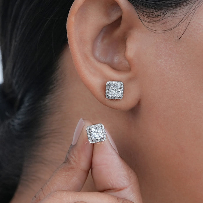 Princess Diamond Halo Stud Earrings