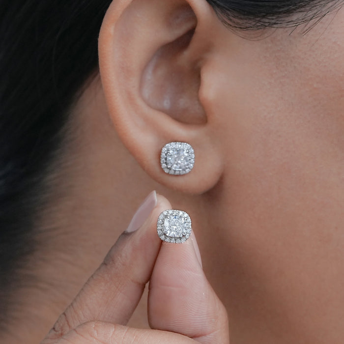 Cushion Cut Halo Diamond Stud Earrings