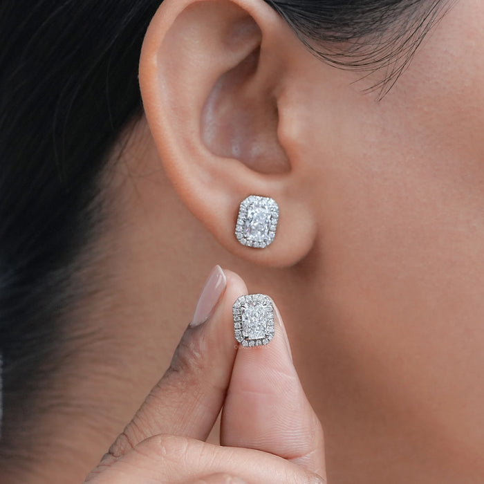 Radiant Diamond Halo Stud Earrings 