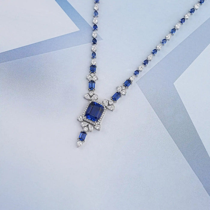 Sapphire Emerald Cut And Diamond Necklace