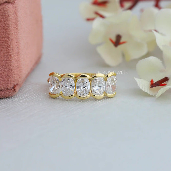 5 Oval Lab Diamond Half Bezel Set Gold Ring