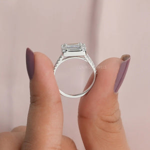 [A Women holding Baguette Diamond and Round Cut Engagement Ring]-[Ouros Jewels]