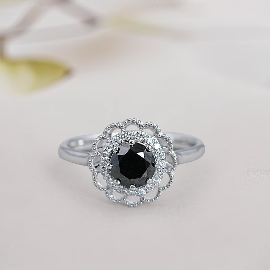 black diamond floral engagement ring