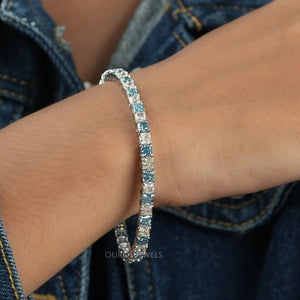 [Blue Cushion Cut Diamond Bracelet]-[Ouros Jewels]