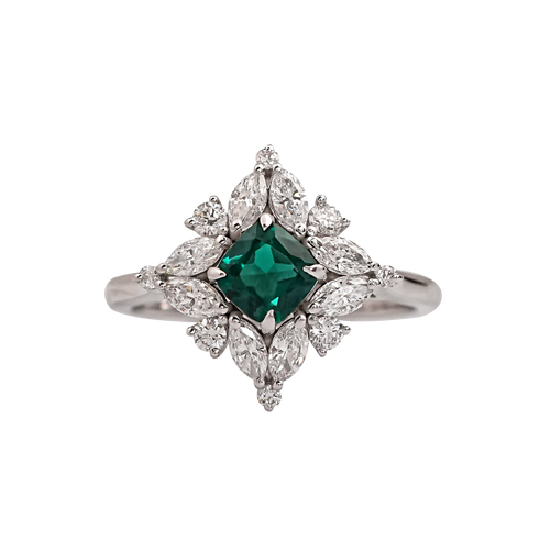 cushion cut emerald and diamodn engagement ring