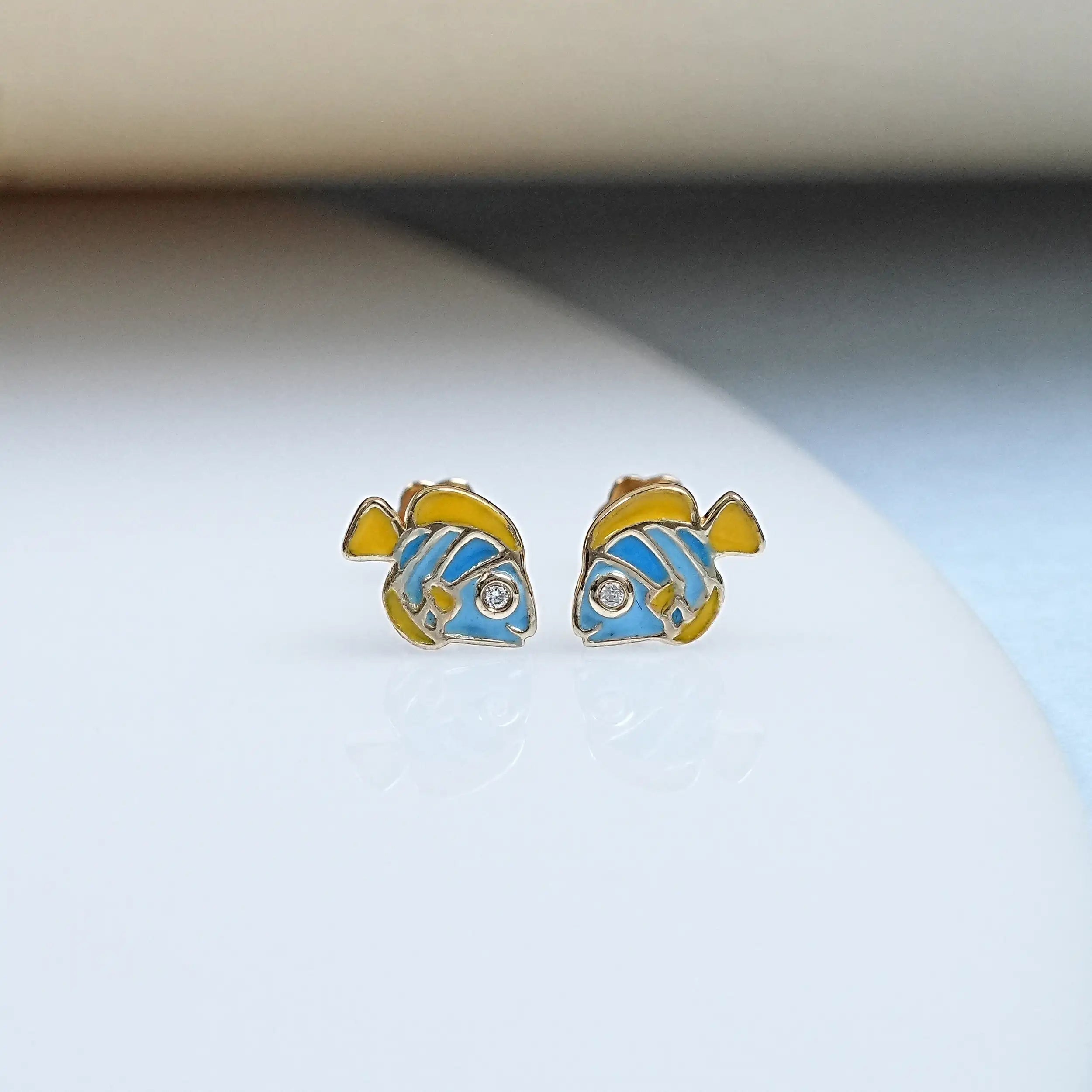 Round Diamond Enamel Fish Earrings