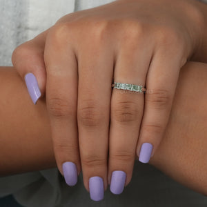 [A Women wearing Green Princess Five Stone Engagement Ring]-[Ouros Jewels]