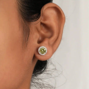 [Green Diamond Halo Stud Earrings]-[Ouros Jewels]