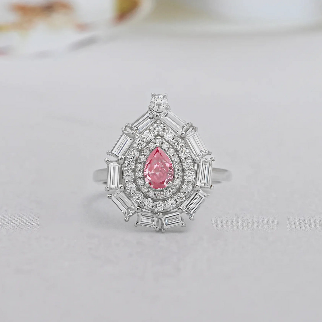 pink pear cut diamond double halo ring 