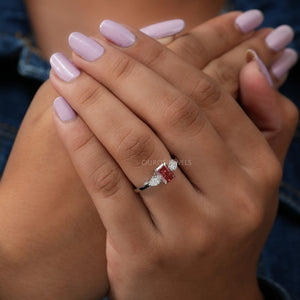 In Finger Beautiful Front View Of Pink Radiant Cut With Pear Shape Lab Diamond Three Stone Engagement Ring