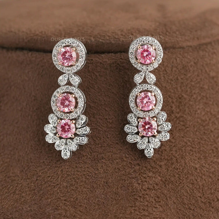 pink round diamond bridal earrings