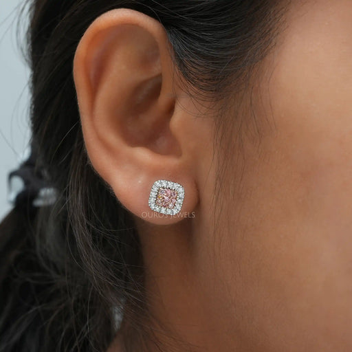 [A Women wearing Round Cut Lab Diamond Earrings]-[Ouros Jewels]