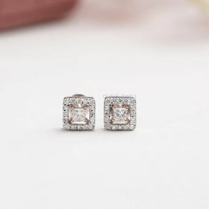 [Princess Cut Halo Diamond Stud Earrings]-[Ouros Jewels]