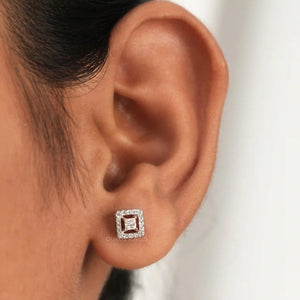 [A Women wearing Princess Cut Diamond Earrings]-[Ouros Jewels]