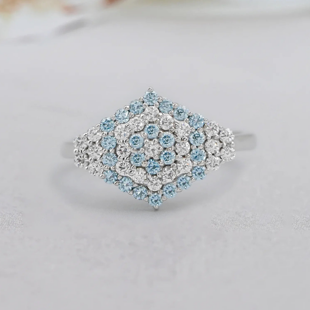 blue round diamond cluster ring