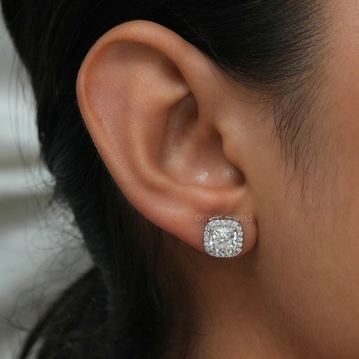 [Cushion Diamond Stud Earrings In Halo Setting]-[Ouros Jewels]