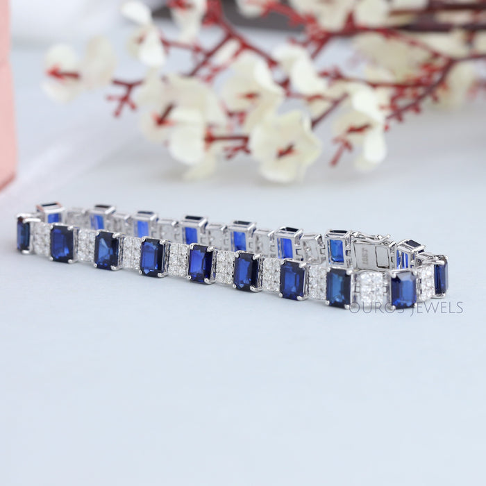 Blue Radiant Sapphire with Lab Grown Diamond Bracelet