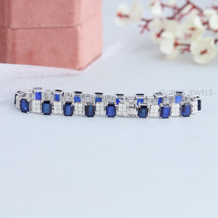 Blue Radiant Sapphire with Lab Grown Diamond Bracelet