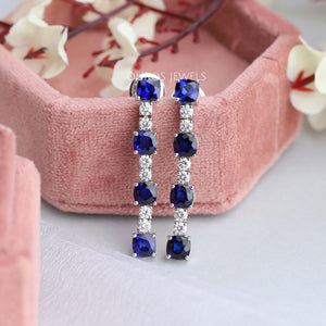 [Blue Sapphire Cushion Cut Drop Earrings]-[Ouros Jewels]