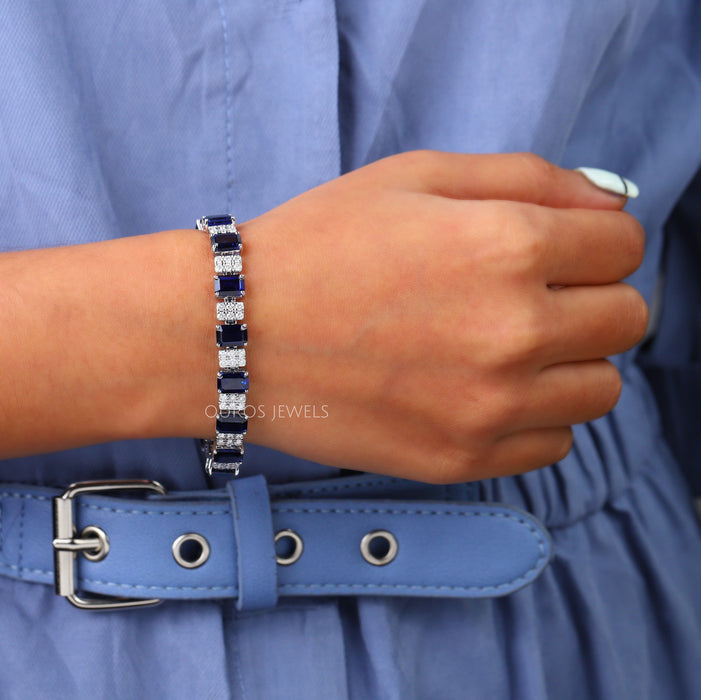 Blue Radiant Sapphire with Lab Grown Diamond Bracelet