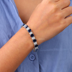 Blue Radiant Sapphire with Lab Grown Diamond Bracelet