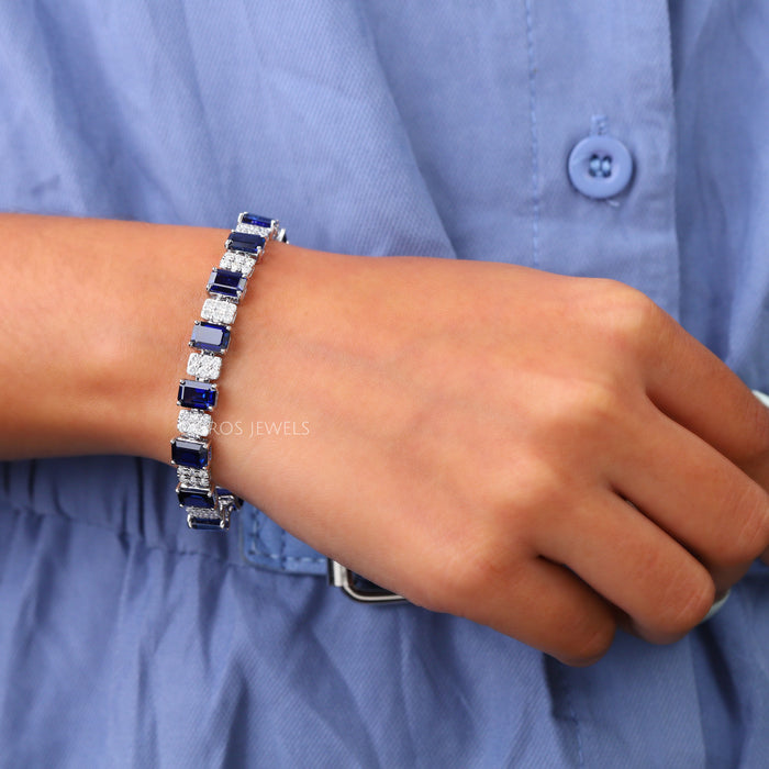 Blue Radiant Sapphire with Lab Grown Diamond Bracelet