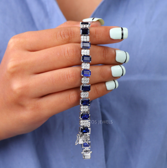 Blue Radiant Sapphire with Lab Grown Diamond Bracelet