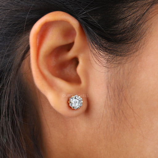 [Classic Style Of Hexagon Diamond Gold Stud Earrings]-[Ouros Jewels]