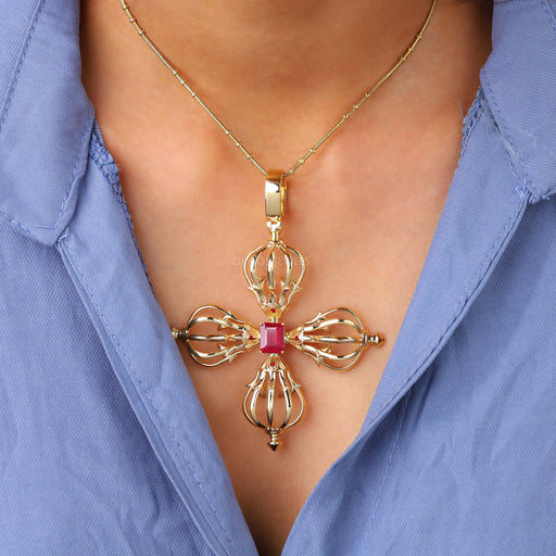 Natrual Radiant Cut Ruby Flower Gold Necklace